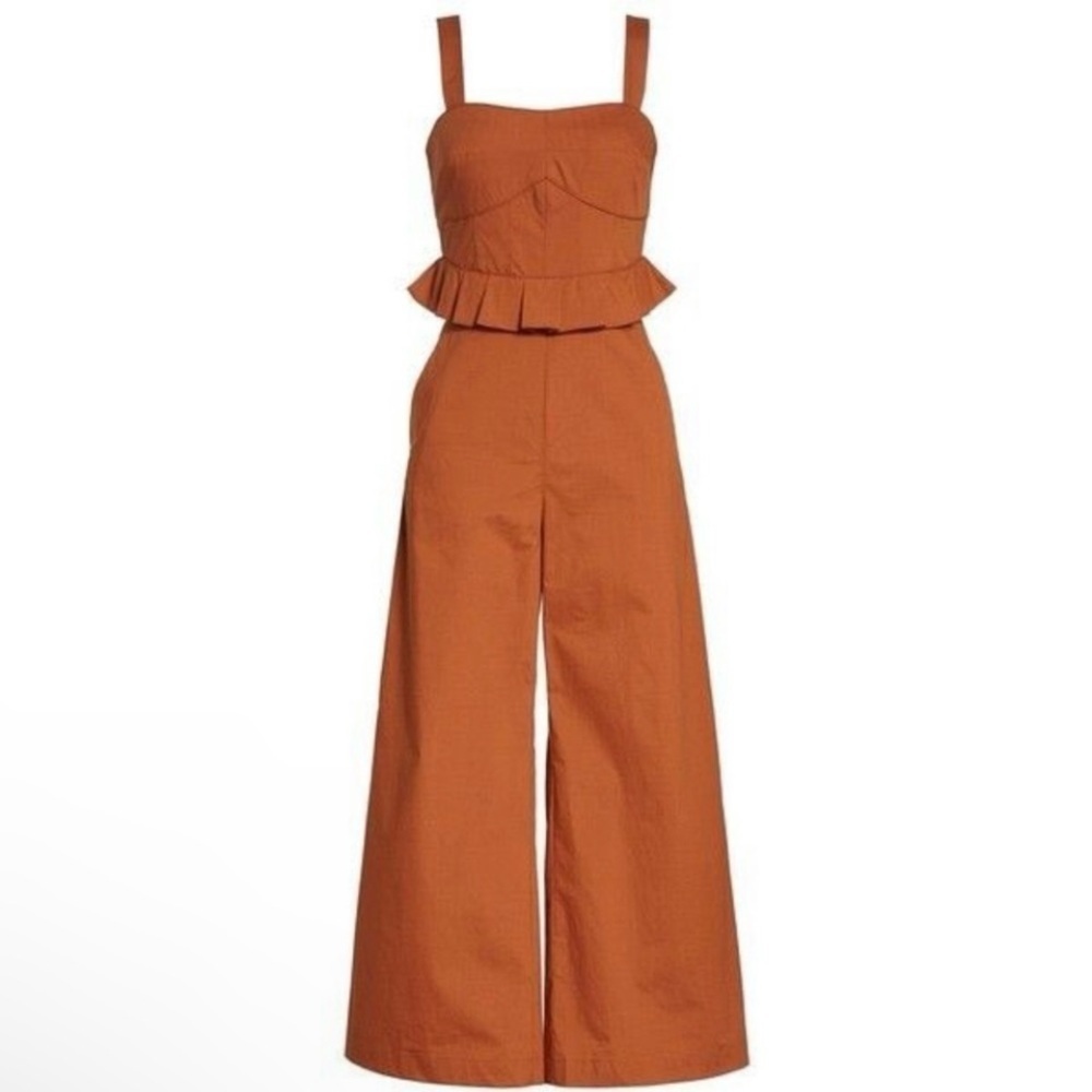 Sea New York Leia Ruffle Peplum Waist Wide Leg Crop Jumpsuit Rust 10